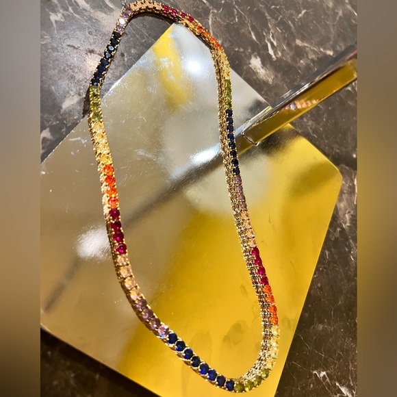 NWOT- Chain Rainbow 17” Long .25” thick Cubic zirconia tennis chain gold color - Picture 6 of 17